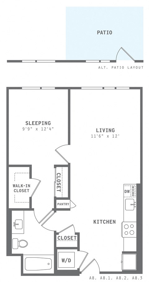 Floor plan for 1 bed, 1 bath, 675 sqft